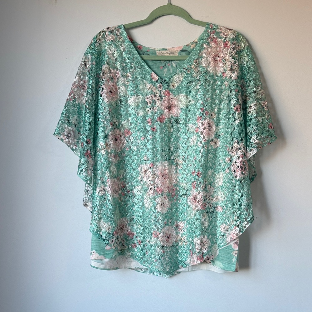 Casual Express Floral Mint Green Lace Overlay Women's Top XL